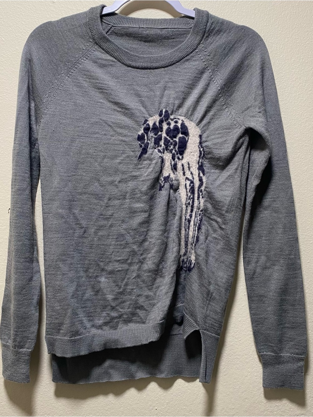 Bobstore Brazil Gray Merino Wool Crewneck Sweater with Giraffe Applique and Side